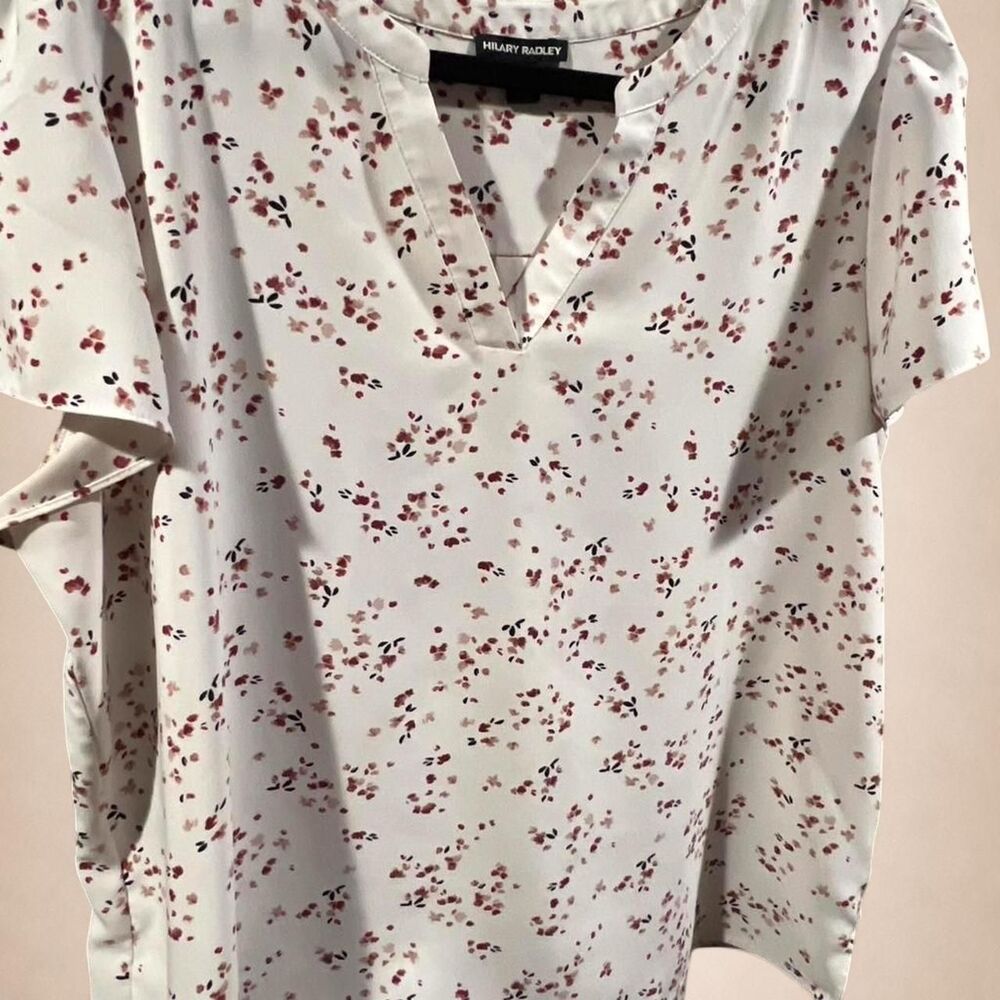 Hilary Radley Floral Blouse XL White Dusty Rose Puff Sleeve Lightweight Top